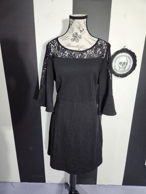 Black Lace Yoke Flared Sleeve Dress